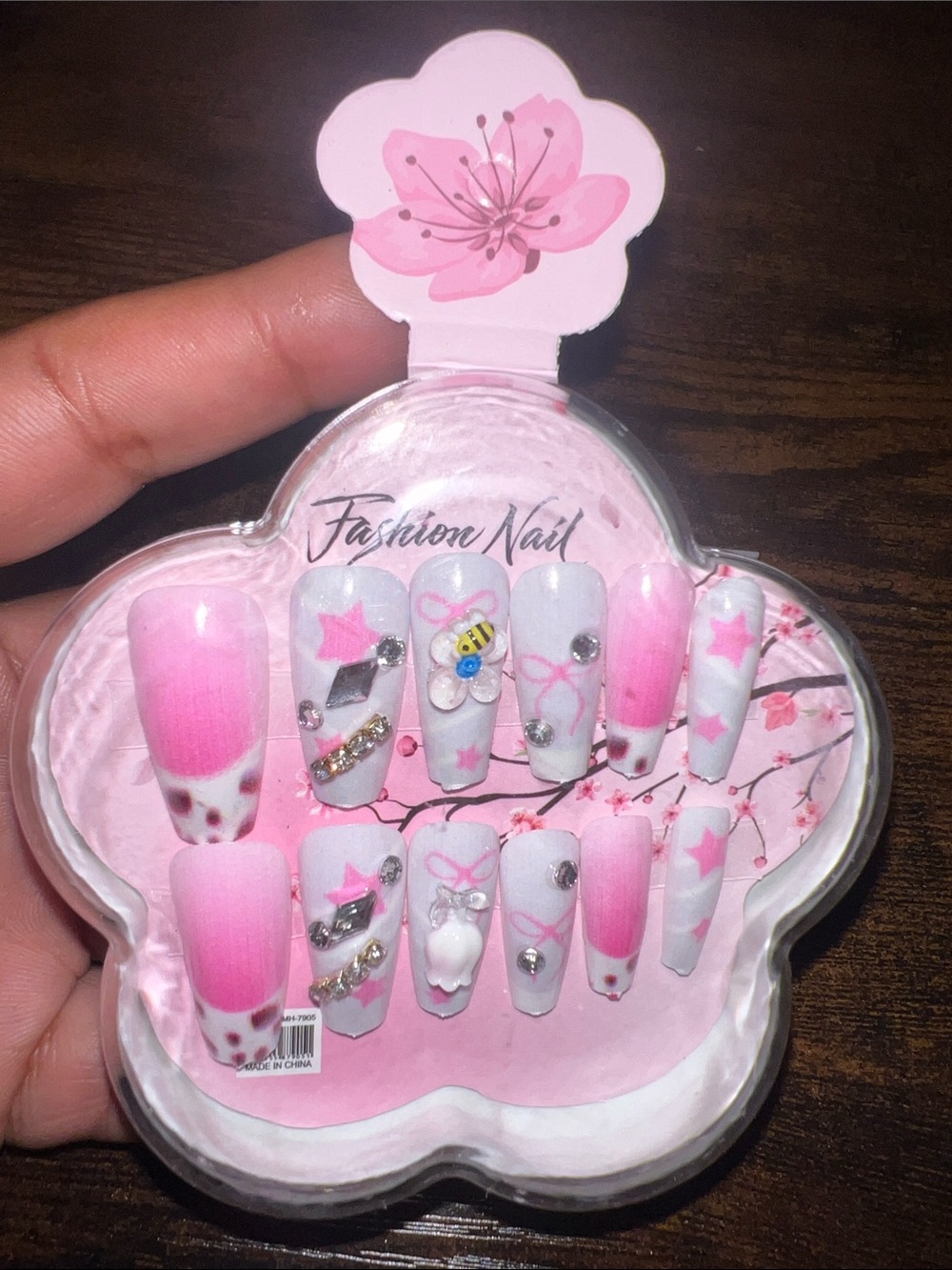 Pink Ombre and White Floral Press-On Nail Set